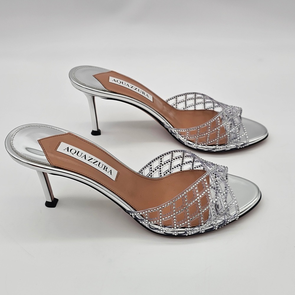 Aquazzura Womens Lumiere Mule 75 Crystal PVC Lattice Sandals Silver Sz 36.5, 6.5